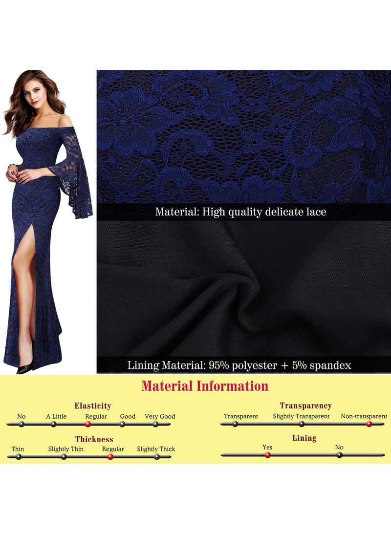 VFSHOW Womens Floral Lace Off Shoulder Bell Sleeve Formal Wedding Maxi Dress 1810 BLU XL - Image 5